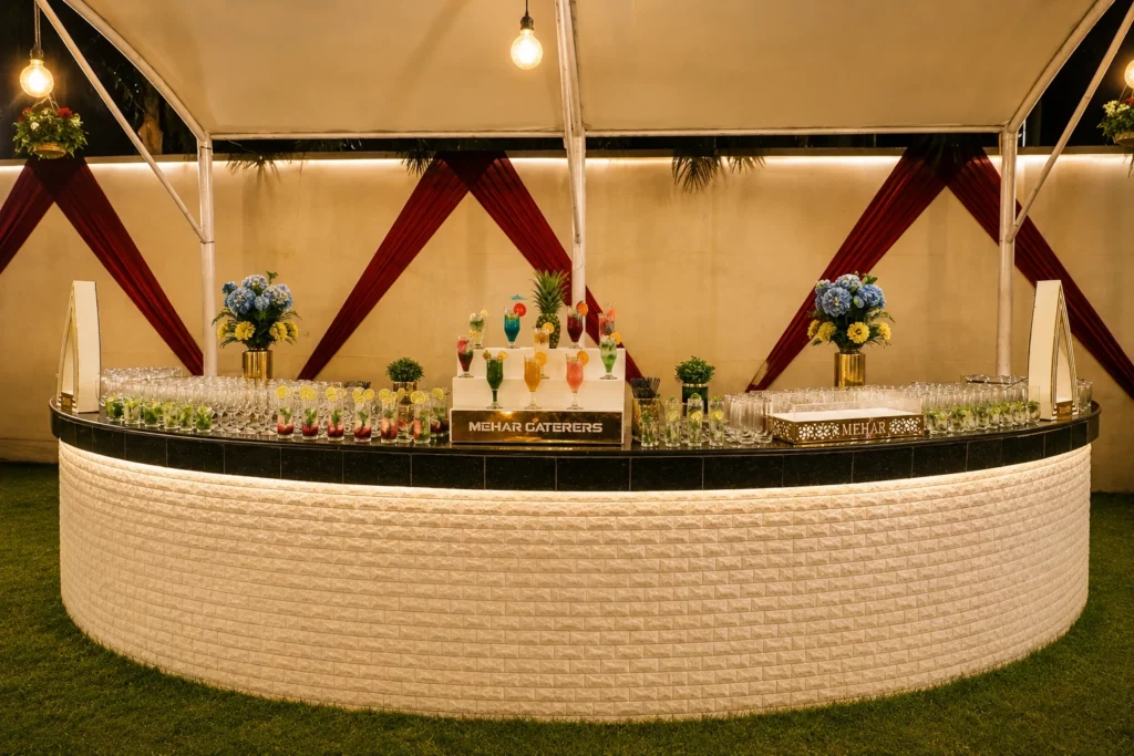 Luxury welcome drinks station at Delhi wedding