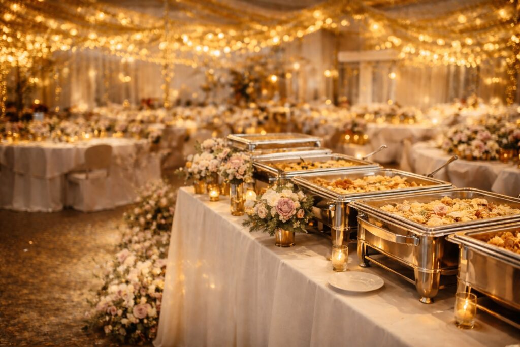 Luxury wedding catering setup in Delhi with elegant buffet, floral decor and ambient lighting by Mehar Caterers & Decor
